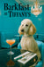 Cream poodle wearing a rhinestone collar seated at a black marble café table with a coral cocktail and silverware teal banquette and chandelier metal print