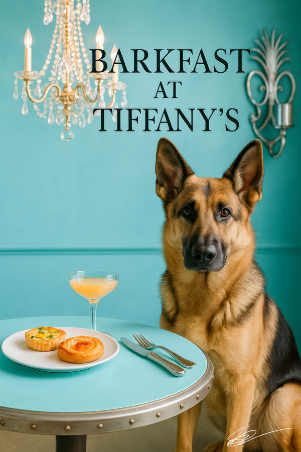German Shepherd seated at teal table under chandelier and sconce with quiche tarts swirl pastry cocktail and silverware metal print