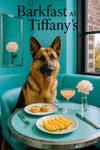 German Shepherd seated in a teal armchair beside a round café table with melon slices quiche tarts cocktail and a blush peony metal print