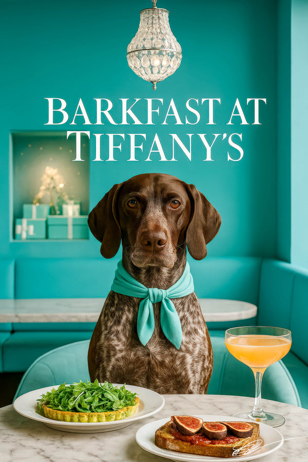 German Shorthaired Pointer wearing a teal scarf seated at a marble table with arugula tart fig toast and a cocktail under a crystal chandelier metal print