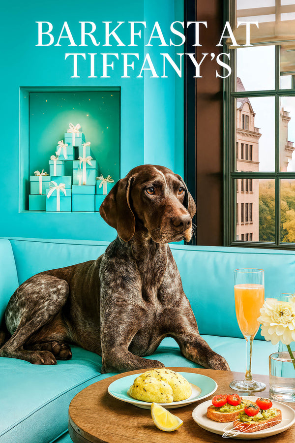 German Shorthaired Pointer lounging on teal banquette by window with avocado-tomato toasts, herb scone, lemon wedge, cocktail, water glass, and peony