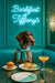 German Shorthaired Pointer wearing a teal scarf seated in a neon-lit banquette with a muffin, crab-cake sliders, and cocktail on a metal print