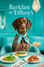 German Shorthaired Pointer wearing a teal scarf seated in a Tiffany-blue armchair beside a table with quiche slice, broccoli tartlet, fig toast, and a coral cocktail metal print
