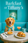 Golden retriever wearing a teal scarf seated in a Tiffany-blue banquette with a croissant sandwich, apple pastry, coffee mug, and cocktail on a metal print