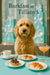 Fluffy goldendoodle at turquoise café table with gift boxes smoked salmon canapés berry tart coffee and cocktail