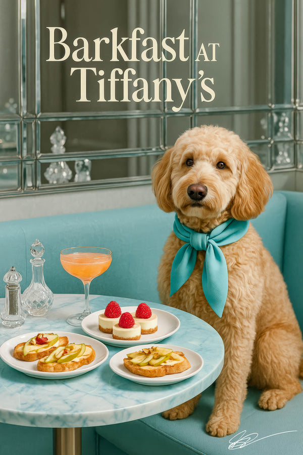 Fluffy goldendoodle in turquoise booth with mini raspberry cheesecakes apple-and-nut toasts crystal cruets and brunch cocktail