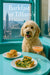 Fluffy goldendoodle in turquoise window nook with spinach quiche biscuits honey drizzle and cocktail
