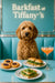 Fluffy goldendoodle in a turquoise booth with jam-filled pastries ciabatta sandwich and brunch cocktail