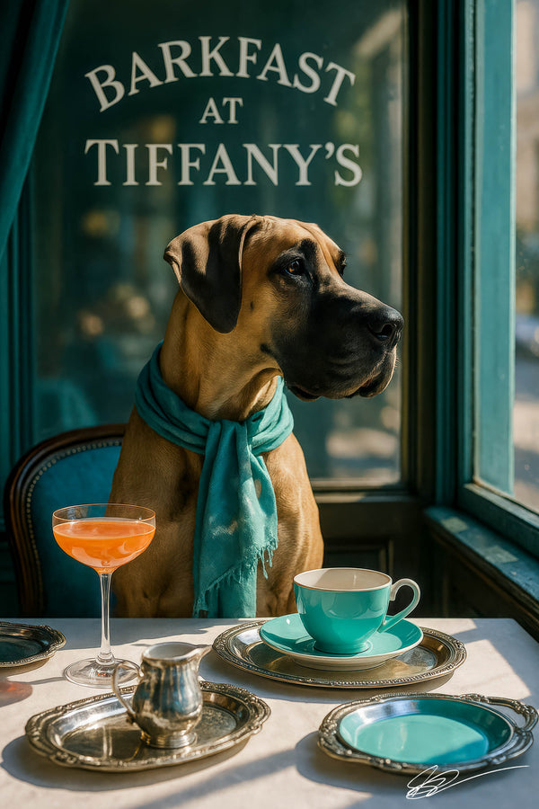 Poised Great Dane in turquoise scarf at café window with turquoise teacup silver trays and brunch cocktail