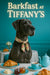 Great Dane wearing floral scarf in a turquoise booth with croissant butter jam jars teapot and teacup