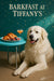 Great Pyrenees lying next to a turquoise café table with croissant fig halves and a brunch cocktail against a constellation mural