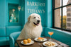 Great Pyrenees dog enjoying brunch in teal café setting on metal print