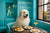 Great Pyrenees dog enjoying brunch in teal café setting on metal print