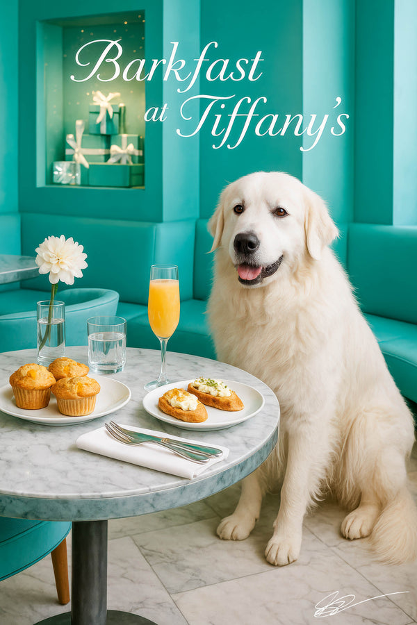 Great Pyrenees dog seated by marble café table with muffins éclairs and mimosa in teal setting on metal print