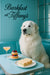 Great Pyrenees dog seated in turquoise café setting with berry tart tea sandwiches and cocktail on metal print