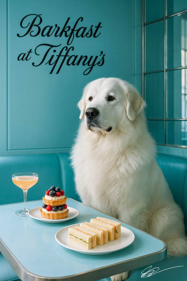 Great Pyrenees dog seated in turquoise café setting with berry tart tea sandwiches and cocktail on metal print