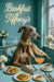 Greyhound wearing floral scarf seated at turquoise café table with croissants avocado toast cocktail and coffee on metal print