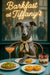 Greyhound wearing a floral scarf seated at a turquoise café table with avocado toast mini quiches a berry parfait and a pink cocktail