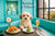 Cream Havanese sitting on a teal banquette at a round table with a fig croissant cucumber rounds mimosa and vase of flowers