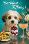 Fluffy cream and amber Havanese staring over a metal table with spinach quiche two slices berry parfait and a peach cocktail