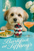 Fluffy Havanese dog leaning over teal table with layered berry yogurt parfait spinach quiche slices and pink cocktail