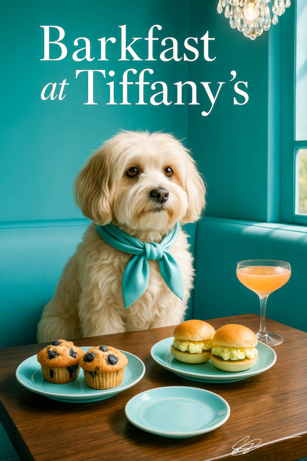 Fluffy Havanese dog in aqua scarf at wood table with blueberry muffins mini egg sliders and pink cocktail