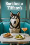 Black and white husky seated in a teal banquette behind a marble table with blueberry muffins spinach scones and a pink cocktail