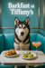 Black and white husky seated in a teal banquette behind a marble table with blueberry muffins spinach scones and a pink cocktail