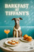 Italian Greyhound wearing cream scarf seated on teal banquette beside crostini with whipped cheese chives, golden muffins, pink cocktail and water glass