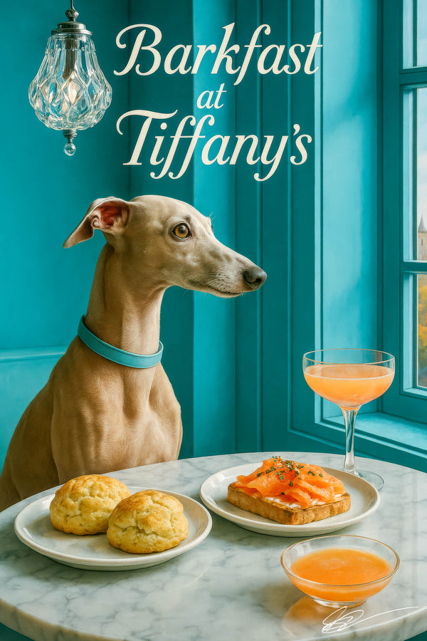 Italian Greyhound with turquoise collar seated at a marble table with sugar-topped scones smoked salmon toast pink cocktail and a small bowl of citrus juice