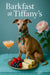 Italian Greyhound wearing a floral scarf seated on a teal banquette beside a platter of cucumber tea sandwiches mixed berries and a pink cocktail
