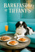 Black and white Japanese Chin reclining on a teal banquette beside plates of fig toast smoked salmon toasts and a mimosa flute