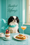 Japanese Chin wearing a teal scarf seated at a marble table with a jar of granola yogurt parfait, avocado chicken toast, espresso, and a pink cocktail