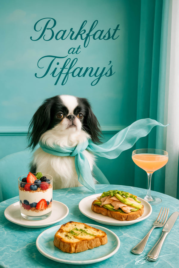 Japanese Chin wearing teal silk scarf seated at a teal table with a jar of yogurt granola parfait garlic chive toast avocado chicken and asparagus toast and a pink cocktail