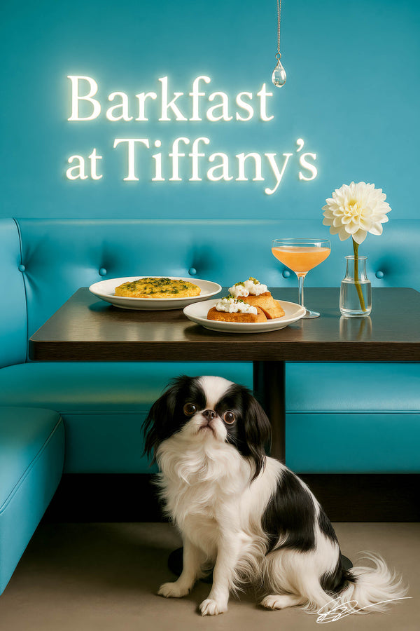 Japanese Chin sitting under a table with spinach frittata, whipped cheese topped brioche rounds, a pink cocktail, and a small white dahlia on a dark wood table
