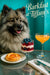 Fluffy Keeshond seated beside a table with layered yogurt raspberry parfait in a goblet, an apricot swirl pastry, and a pink cocktail against a teal banquette
