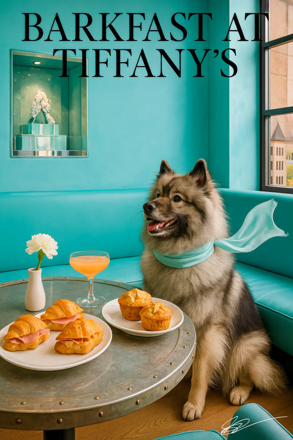 Fluffy Keeshond wearing aqua scarf seated at a teal booth beside plates of mini ham croissants muffins and a pink cocktail