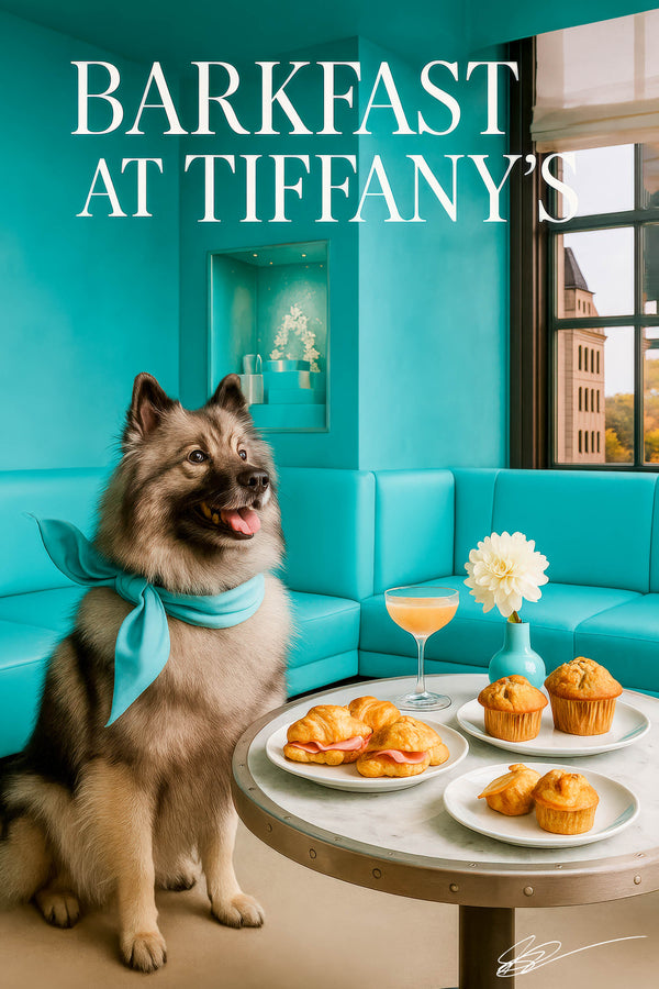 Fluffy Keeshond wearing a teal scarf seated beside a table with mini ham croissants, muffins, and a pink cocktail against a Tiffany-blue banquette
