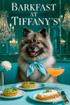 Fluffy Keeshond wearing a teal silk scarf sitting behind mini spinach quiches, whipped cheese toast, and a blush-pink cocktail on a turquoise table
