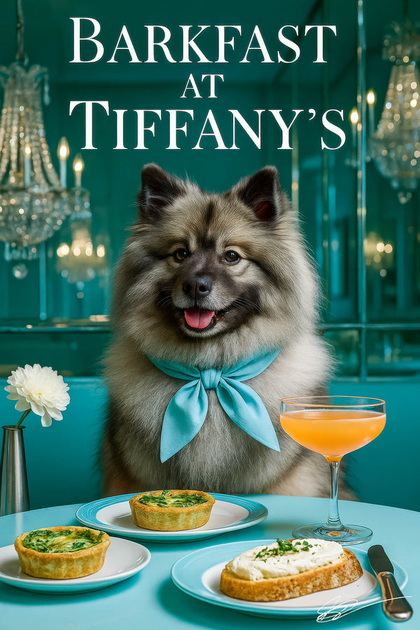 Fluffy Keeshond wearing a teal silk scarf sitting behind mini spinach quiches, whipped cheese toast, and a blush-pink cocktail on a turquoise table