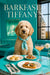 Cream Labradoodle wearing a teal silk scarf seated on a turquoise banquette with scones, fig toasts, and a peach cocktail on a glossy table