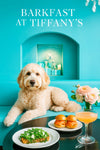 Cream Labradoodle reclining on a teal banquette with arugula toast, smoked-salmon sliders, a peach cocktail, and blush roses on a glossy table