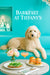 Cream Labradoodle wearing a teal scarf lounging on a turquoise banquette with smoked-salmon sliders, arugula toast, and a peach cocktail on a metal table