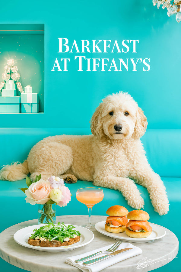 Cream Labradoodle wearing a teal scarf lounging on a turquoise banquette with smoked-salmon sliders, arugula toast, and a peach cocktail on a metal table