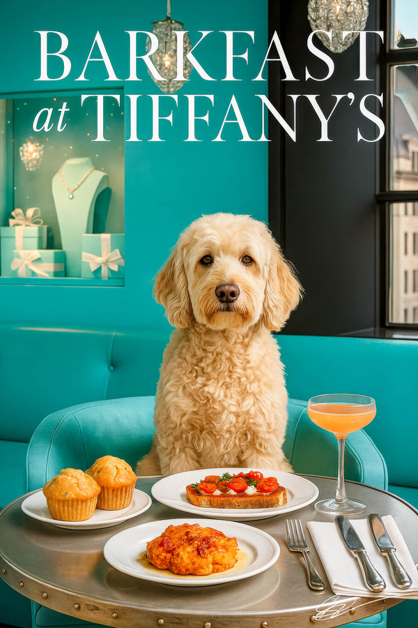 Cream-colored labradoodle seated at turquoise café table with golden muffins tomato-topped toast cheese biscuit and pink cocktail under Barkfast at Tiffanys sign