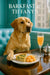 Golden Labrador Retriever seated at a wooden café table with spinach quiche cantaloupe cubes mimosa and silver sugar pot against a turquoise banquette and city window under Barkfast at Tiffanys sign
