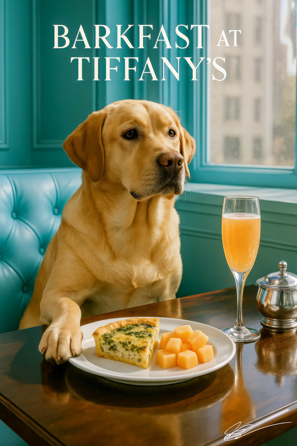 Golden Labrador Retriever seated at a wooden café table with spinach quiche cantaloupe cubes mimosa and silver sugar pot against a turquoise banquette and city window under Barkfast at Tiffanys sign