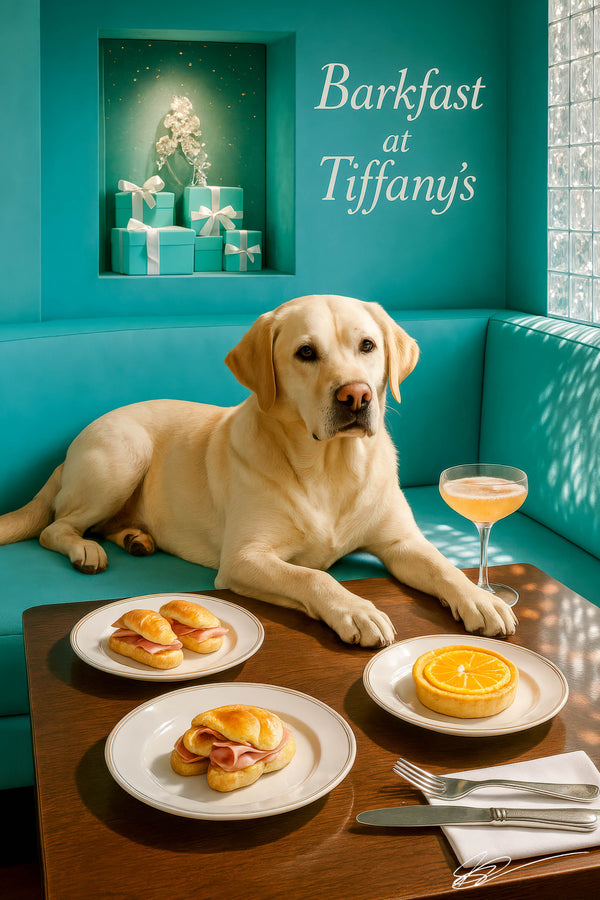 Golden Labrador Retriever lounging on turquoise banquette at wooden café table with ham croissants orange tart and peach cocktail under Barkfast at Tiffanys sign and turquoise gift boxes