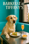 Golden Labrador Retriever resting paw on a silver café table with spinach quiche cantaloupe cubes and a mimosa against a turquoise banquette and city window