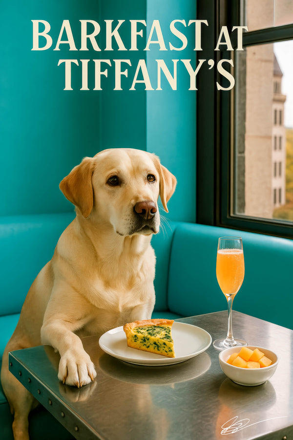 Golden Labrador Retriever resting paw on a silver café table with spinach quiche cantaloupe cubes and a mimosa against a turquoise banquette and city window